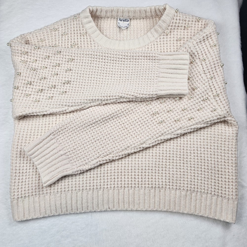 ARULA Waffle Knit Sweater Pearl‎ Embellished Sleeves & Shoulder Size C (3X)